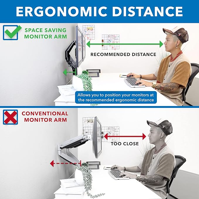 Mount-It! Dual Monitor Arm for 2 Monitors 17" to 32" Screens, Holds 19.8lbs per Arm, Height Adjustable, Tilt/Swivel/Rotate, Gas Spring System, Max VESA 100x100, C-Clamp & Grommet Base