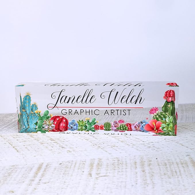 Artblox Office Desk Name Plate Personalized | Custom Name Plates for Desks | Cactus Design On Clear Acrylic Glass | Cute Office Desk Accessories Customized Gifts - (8" x 2.5")