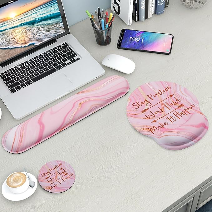 Mouse Pad and Keyboard Wrist Rest Support, with Non-Slip PU Base,Gel Mouse Pad with Coaster,Pain Relief for Gaming, Computer,Office -Pink Positive 3