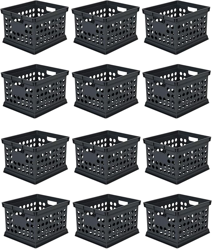 Sterilite Stackable Plastic Storage Crate Bin Organizer File Box with Handles for Home, Office, Dorm, Garage, or Utility Organization, Black, 12-Pack
