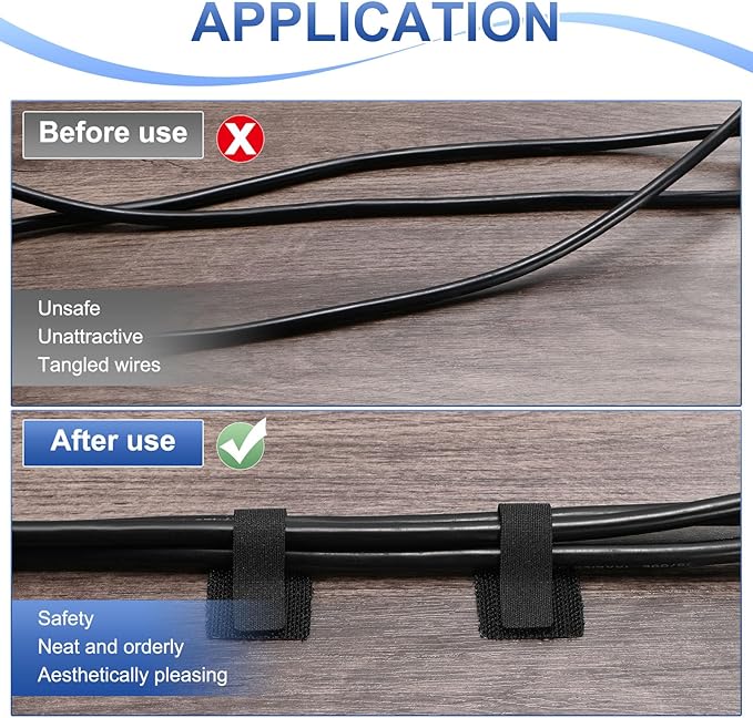 40-Pack Hook and Loop Cable Ties, 3.5 x 1.1 Inch Adjustable Self-Adhesive Cord Organizer for Desk/Home/Wall/Office Essentials, Cable Management Under Desk [Black]