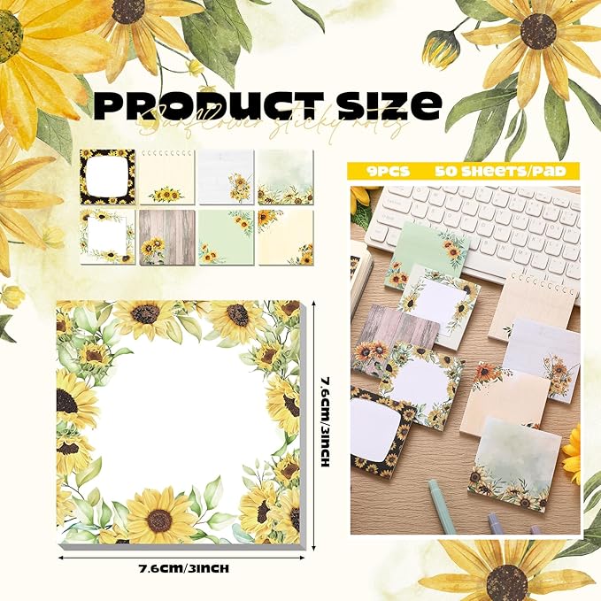 9 Pads Sunflower Sticky Notes Cartoon Self Stick Notepads 3x3 Inches Notes Adhesive Memo Pad Office Decor Gifts for Students School Teacher Office Meeting