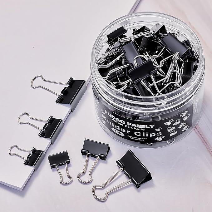 100pcs Binder Clips Assorted Sizes, Black Paper Clamps, Medium, Small, Mini 3 Sizes with Box for Office, School and Home