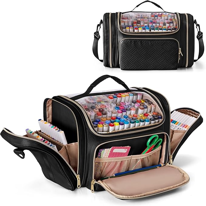 Marker Organizer Case Bag for 180-300 Markers, Large Marker Storage Bag with Detachable Divider for Adults, Marker Travel Holder Case Bag for Various Markers or Other Art Craft Supply, Black