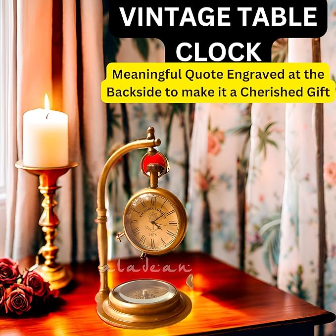 ALADEAN Brass Table Clock with Compass | Romantic Desk Clock - Decorative Vintage Mechanical Clock Lovers Boyfriend/Husband Birthday/Wedding Gifts (Love You)