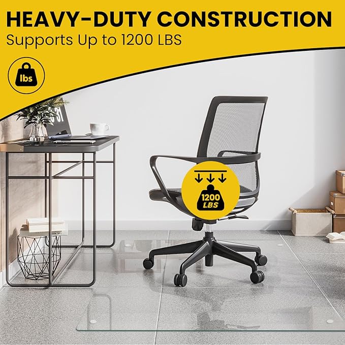 VASUHOME Premium Tempered Glass Chair Mat, 46 x 55 Inch Large Office Floor Mat for Carpet or Hardwood Floors, 1/5" Thick with 12 Anti-Slip Pads