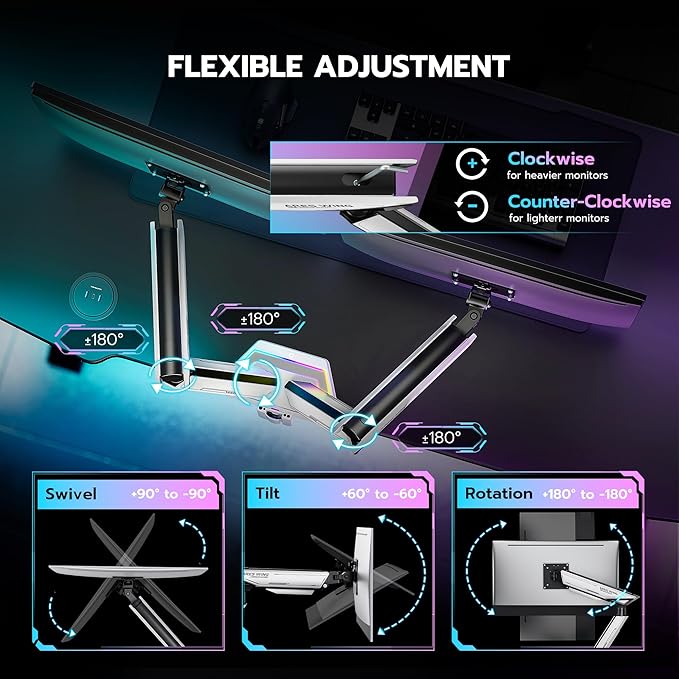 ARES WING RGB Dual Monitor Arm for 17-38" Ultrawide Screens, Holds 35.2lbs, Heavy Duty Dual Monitor Stand for Desk, Adjustable Double Monitor Mount with Clamp & Grommet Base, 75/100 VESA Mount, White