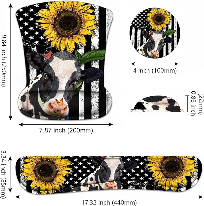 Keyboard Wrist Rest and Mouse Pad Wrist Support Set with Coasters, Non-Slip PU Base Ergonomic Mousepad for Computer Laptop Home Office Easy Typing & Pain Relief, American Flag Sunflower and Cow