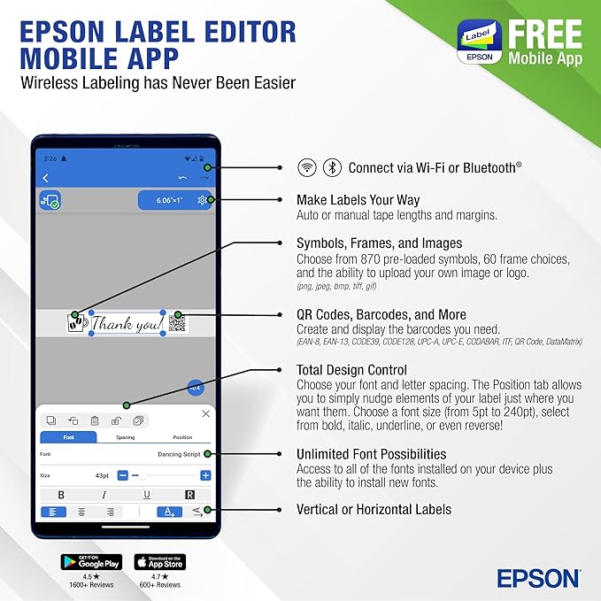 LABELWORKS Epson LW-C610PX Premium Portable Wireless Label Maker with AC Adapter - Ideal for Home, Crafts, and Organization