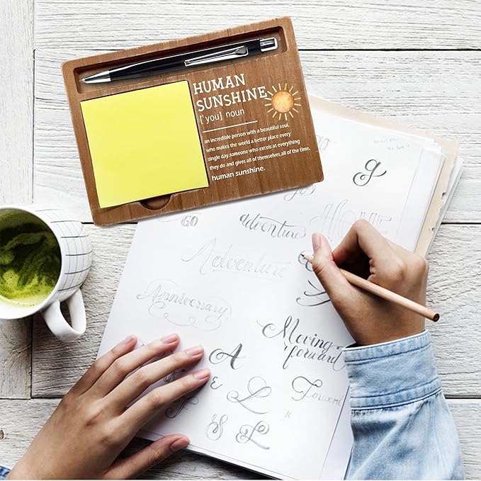 Inspirational Quotes Office Desk Decor Gift, Wooden Desk Note Pen Holder, Sticky Pen-holder for Office Home, Thank You Sunshine Gifts for Colleague Family Friends-A07