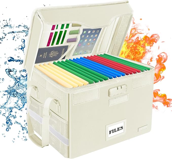 DocSafe Fireproof Document Box with Lock,File Storage Organizer with Zipper Pockets,Collapsible Portable File Box Home Office Safe Filing Cabinet with Handle for Hanging Letter/Legal Folders,Beige