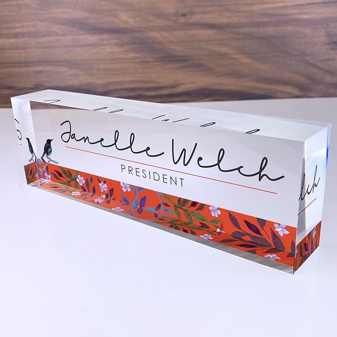 Artblox Office Desk Name Plate Personalized | Custom Name Plates for Desks | Bird Singing Design On Clear Acrylic Glass | Cute Office Desk Accessories Customized Gifts - (8" x 2.5")