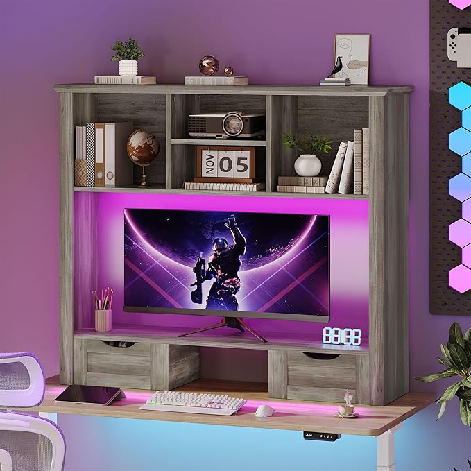 Desktop Bookshelf with Computer Monitor Stand, 37.4''W Desk Shelf Display Rack, Desktop Organizer Storage Rack with 4 Cubbies and 2 Drawers, 5-Tier Desk Hutch for Home, Office, Dorm, Vanity