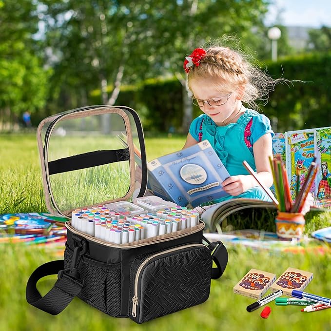 Marker Organizer Case for 100 Markers, Marker Storage Organizer Bag with Divider and Shoulder Strap, Marker Travel Carrying Case with 3 Pockets, Black (Patented Design)