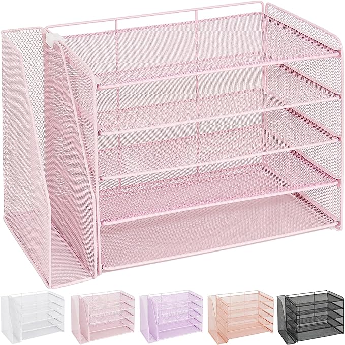 OPNICE 5-Tier Paper Organizer with Magazine Holder, Desk Organizers and Accessories, Office Desk Accessories & Workspace Organizers, Desktop File Organizer for Office Supplies Storage, Pink
