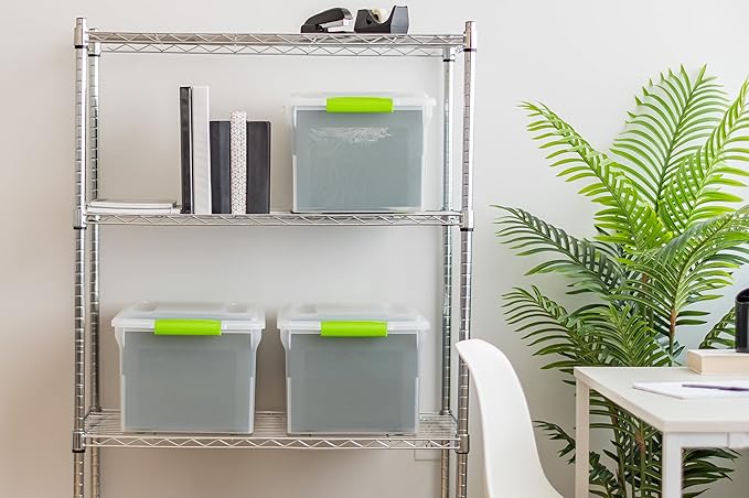 IRIS USA File Box File Organizer Plastic File Box for Letter/Legal File, BPA-Free Plastic Storage Bin Tote Organizer w/Secure Latching Lid and Easy-Slide Pad, Clear 35 Qt. 4Pack