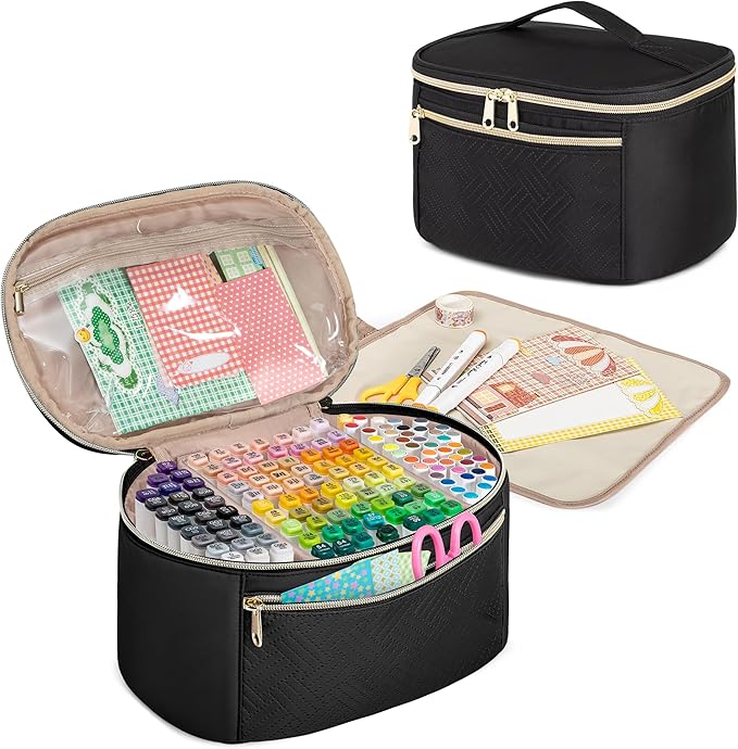 Fasrom Marker Organizer Case for 120 Markers, Art Marker Storage Bag with Handle and Detachable Dividers, Travel Marker Holder for Alcohol Markers, Brush Pens and Craft Supplies, Black(Bag Only)