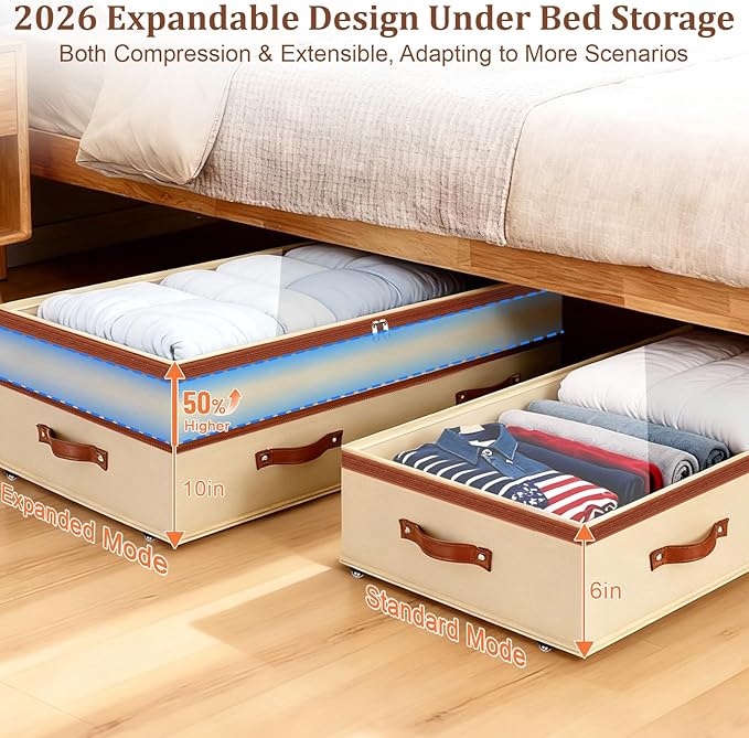 Dolicer 2 Pack Under Bed Storage with Wheels, 6in-10in Height Adjustable Underbed Storage Containers, 92L XXXL Under Bed Drawers Rolling Bin with Clear Lids for Dorm Shoes Clothes Organizers(Beige)