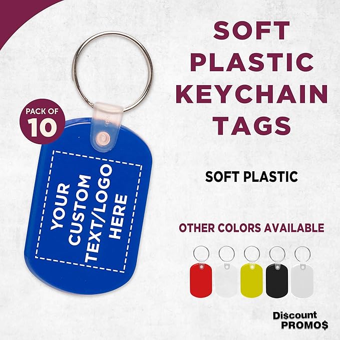 DISCOUNT PROMOS Tag Soft Plastic Keychains - 10 pack - Customizable Text, Logo - Small Key Tag Chain For Staying Organized - Rubber Key Ring Keychain – Blue