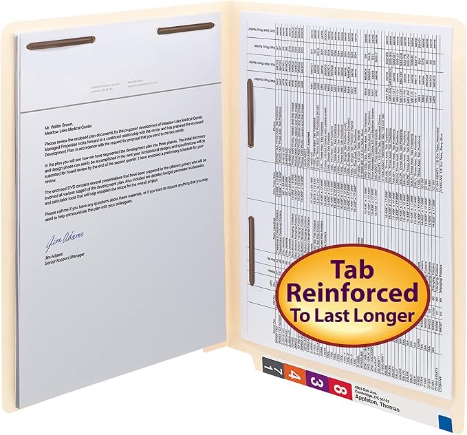 Smead End Tab Fastener File Folder, Shelf-Master® Reinforced Straight-Cut Tab, 2 Fasteners, Letter Size, Manila, 50 per Box (34120)