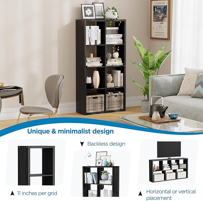 8 Cube Storage Organizer, Cube Shelf with Heavy-Duty Thick Boards, 25.12" L x 9.37" W x 48.74" H, Smooth Easy-Clean Panels, Simple Assembly, for Living Room Bedroom Home Office, Black