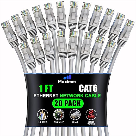 Maximm Cat 6 Ethernet Cable 1 ft (20-Pack) - High-Speed LAN Cable, Internet Cable, Patch Cable, and Network Cable - UTP, 10Gbps, 550MHz Ethernet Cord - Gray