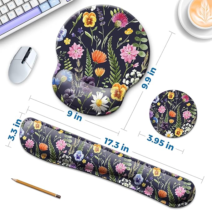 Mouse Pad and Keyboard Wrist Rest Support, with Non-Slip PU Base,Gel Mouse Pad with Coaster,Pain Relief for Gaming, Computer,Office -Floral Background