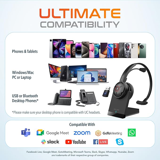 Delton Noise Canceling Bluetooth Computer Headset with Charging Dock, Auto Pair USB Dongle for PC/Laptop, Compatible with MS Teams, Zoom, Google Meet, and More | Black