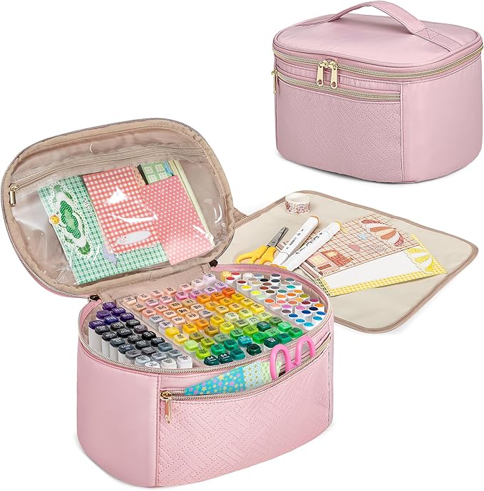 Fasrom Marker Organizer Case for 120 Markers, Art Marker Storage Bag with Handle and Detachable Dividers, Travel Marker Holder for Alcohol Markers, Brush Pens and Craft Supplies, Pink(Bag Only)