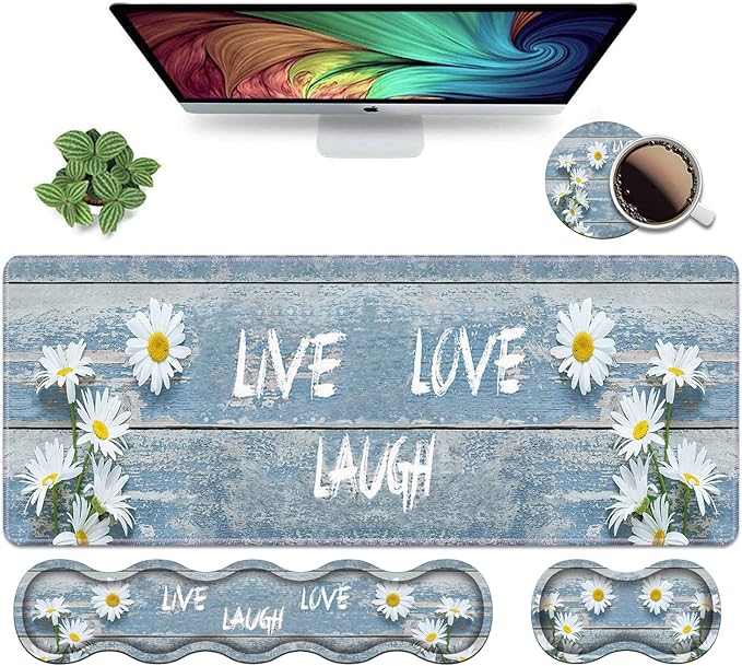 Ergonomic Keyboard Wrist Rest and Mouse Pad Wrist Rest Set,Dreamy Daisy Vintage Wood Board Live Laugh Love Large XXL Gaming Desk Mat 31.5"x 11.8",Non-Slip Base, Memory Foam,Easy Typing Pain Relief