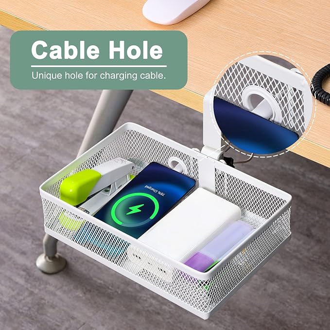 ROSYLINE Clamp On Desk Organizer - Under Desk Hanging Drawer with Storage Basket, Multi-Scene Mount Tray for Home Dorm Office (White)