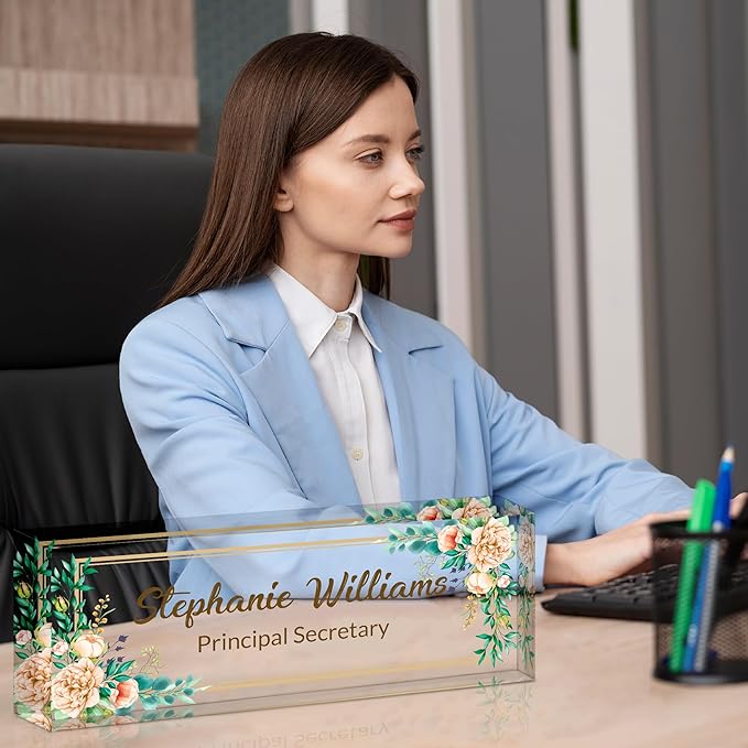 Ship Next Day-Custom Name Plate for Desk, Desk Name Plate Personalized, Acrylic Office Desk Accessories, Appreciation Gifts for Coworkers Employee Teachers Boss Women Men (Pink Peony)