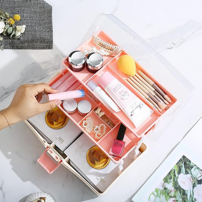 12'' Three-Layer Clear Plastic Storage Box/Tool Box, Multipurpose Organizer and Portable Handled Storage Case for Art Craft and Cosmetic (White)