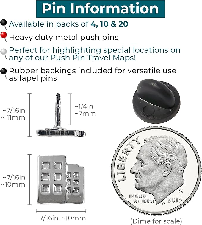 Building Push Pins - Silver Metal Building Pins - for Cork Board, Maps, or Lapel Pin Use - Designed in USA - Set of 4