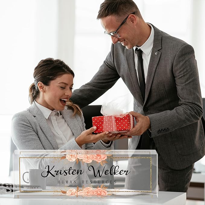 Custom Name Plate for Desk, Desk Name Plate Personalized, Office Decor for Women Men, Acrylic Desktop Accessories, Office Gifts for Coworkers Boss Teacher, Employee Appreciation Gifts (Flowers D)