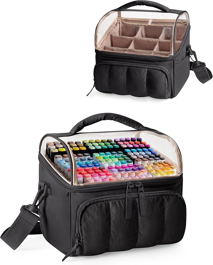 Quilted Marker Organizer Case Holds 180 Markers, Marker Storage Organizer Bag with Dividers and Multiple Pockets (Bag Only), Black