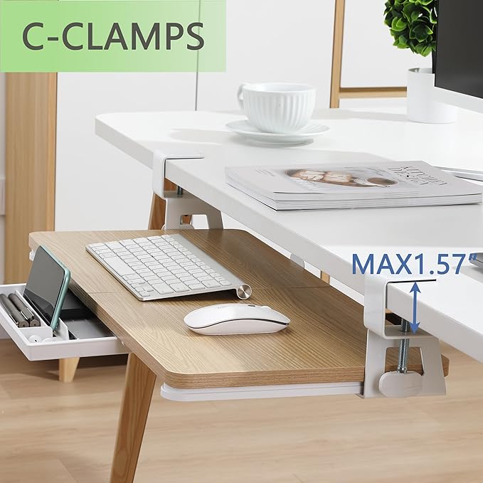 ETHU Keyboard Tray Under Desk, 26.77" X 11.81" Large Size Keyboard Tray with C Clamp-on Mount Easy to Install, Computer Keyboard Stand, Ergonomic Keyboard Tray for Home and Office (Oak)