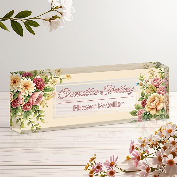 Personalized Name Plate for Desk, Custom Acrylic Desk Name Sign, Office Appreciation Gifts for Women Men Coworkers Boss Teacher Employee (Flower-Rose)