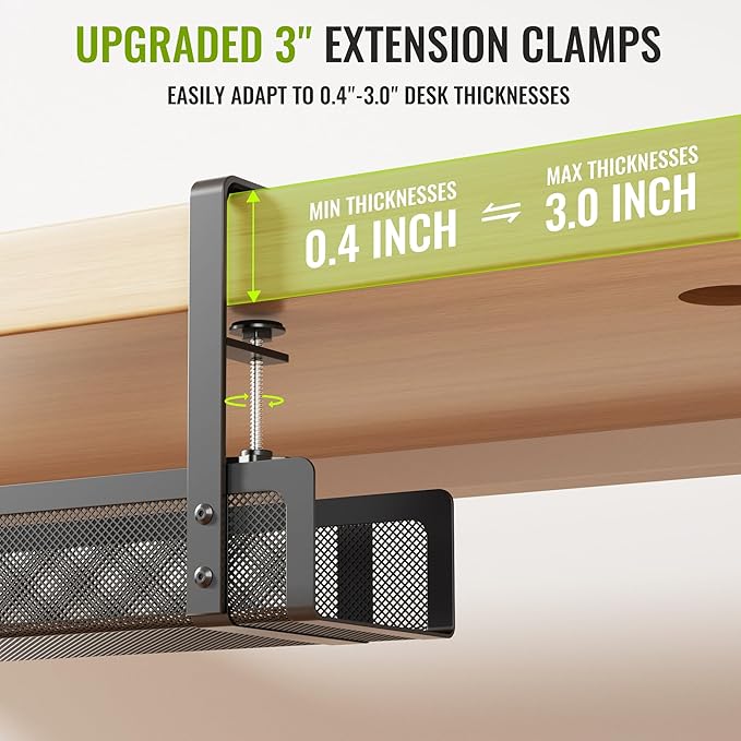 [Upgraded] 2 Pack Cable Management Under Desk Tray, Xpatee 27.6" No Drill Open Slots Cable Management Tray, Cord Wire Organizer Box with Clamp for Table Thickness up to 3" - No Desk Damage(Black)