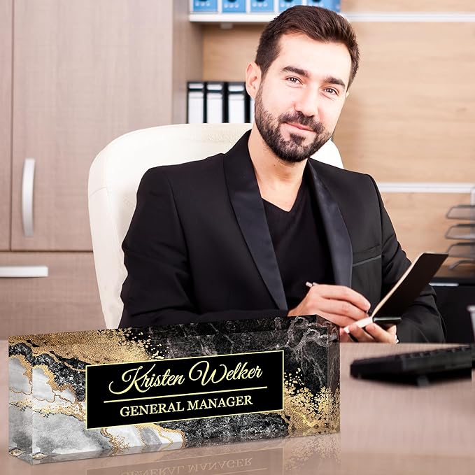 Ship Next Day-Custom Name Plate for Desk, Desk Name Plate Personalized, Acrylic Office Desk Accessories, Appreciation Gifts for Coworkers Employee Teachers Boss Women Men (Black Coast)