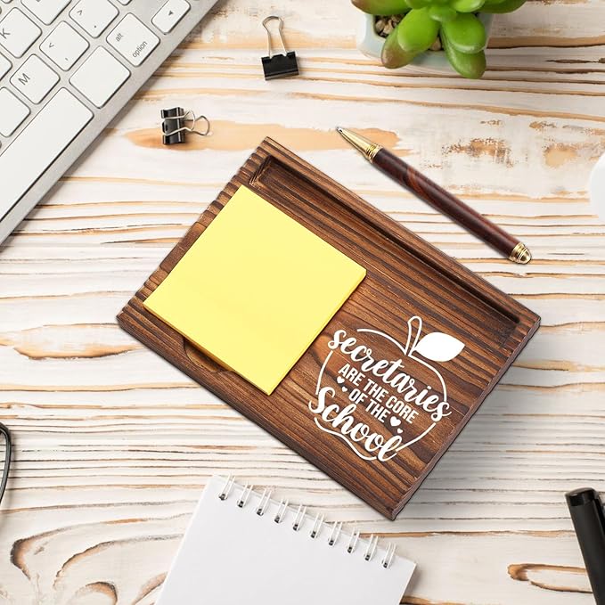 School Secretary Gifts Sticky Note Holder Wooden, Thank You Appreciation Gift for Secretary School Receptionist Assistant Front Office Crew, Office Decor Desk Self-Stick Note Pad Holders TZP12