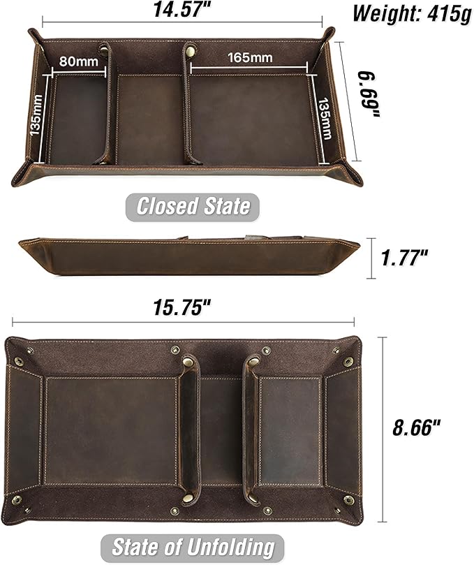 Top Grain Leather Desk Valet Tray Organizer for Man & Woman, Vintage Handmade, Foldable Flat Basket & 3 Compartments, Desk Catchall Holder for Wallet/Watches/Keys/Coins/Office Supplies, Coffee, Update