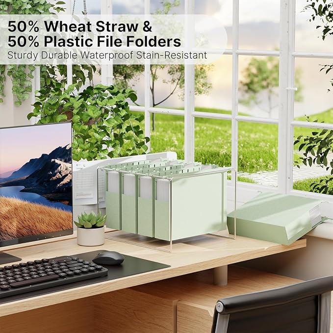 Wheat Straw Plastic Hanging File Folders Letter Size,Heavy Duty 2 Inch Expansion,12 Pack Extra Capacity Hang Folders for Filing Cabinet,File Organizer with Insertable Tabs(Morandi Green)