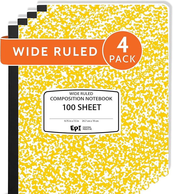 EPI 4 Pack - Yellow Marble Composition Notebook - Wide Ruled 200 Page Note Book - 9.75 x 7.5 Inch Hardcover Journal with Sewn Binding for Secure Pages - Classroom Back To School Supplies