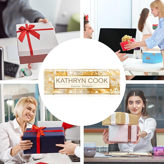 Personalized Name Plate for Desk - Office Gifts for Teacher, Boss, Employee Appreciation - Desk Decor (Golden Wave)