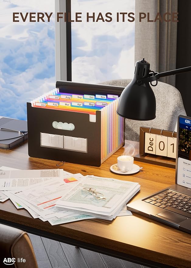 ABC life 12 Pockets Accordion File Organizer, Expanding File Folders, Portable Monthly Bill Receipt Organizer with Colorful A-Z Tabs, Desktop Folders Letter A4 Paper Document Storage for Home Office