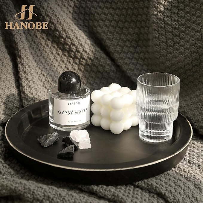 Hanobe Candle Plate Holder Tray: Round Wooden Decorative Candle Plate Small Farmhouse Table Centerpiece Rustic Wood Tealight Pillar Trays for Christmas Wedding Halloween Home Decor (Black)