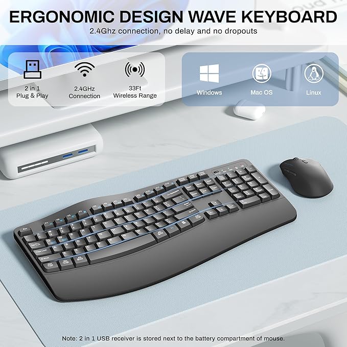 Wireless Keyboard and Mouse Combo,2.4G Full Size Wave Keys Ergonomic Keyboard with Wrist Rest for Natural Typing, 3 DPI Adjustable Ergonomic Silent Mouse for Computer/Laptop/Windows/Mac (Gray)