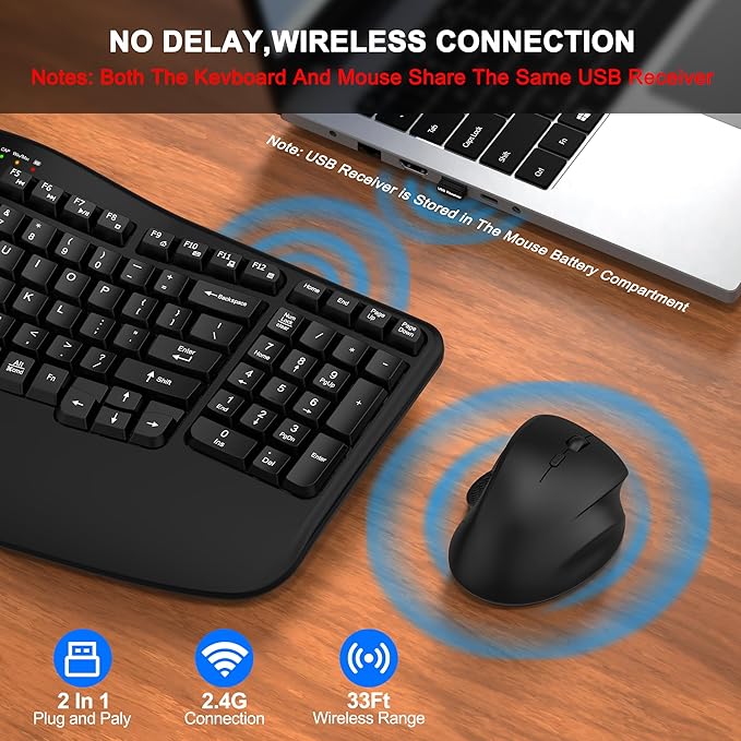 Wireless Keyboard and Mouse Combo, 2.4G Wave Keys Ergonomic Keyboard with Wrist Rest and 3 Level DPI Advanced Wireless Ergonomic Mouse, Natural Typing for Windows, Mac OS Desktop