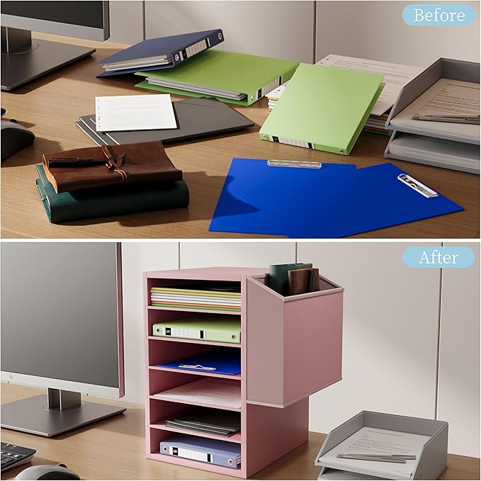 6 Tier Adjustable Countertop Mail Sorter, Mailboxes With Name Slots, Literature Organization Paper Storage Slot, Office Desk File Organizer, Wooden Desktop Mailbox for Classroom(Pink, 6 Slots)